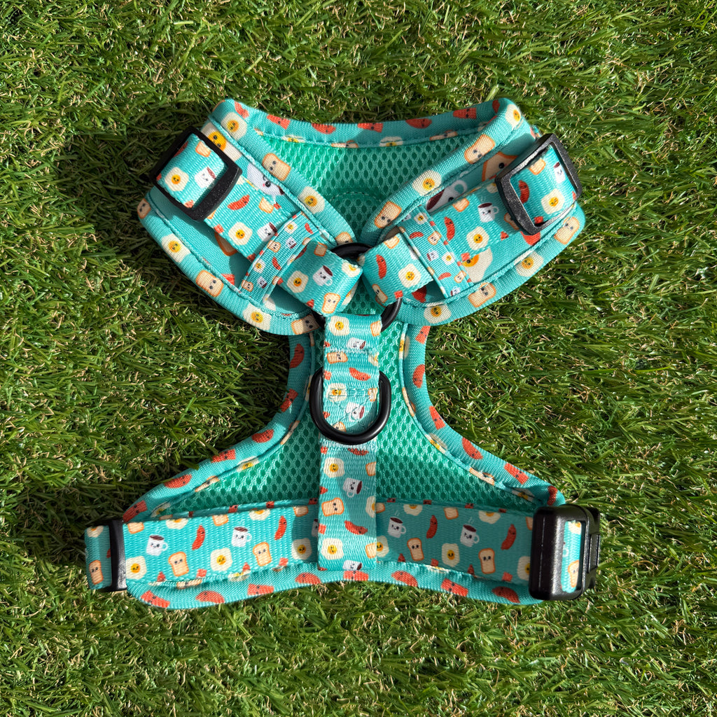 Blue/green dog harness with breakfast figures - Happy Breakfast