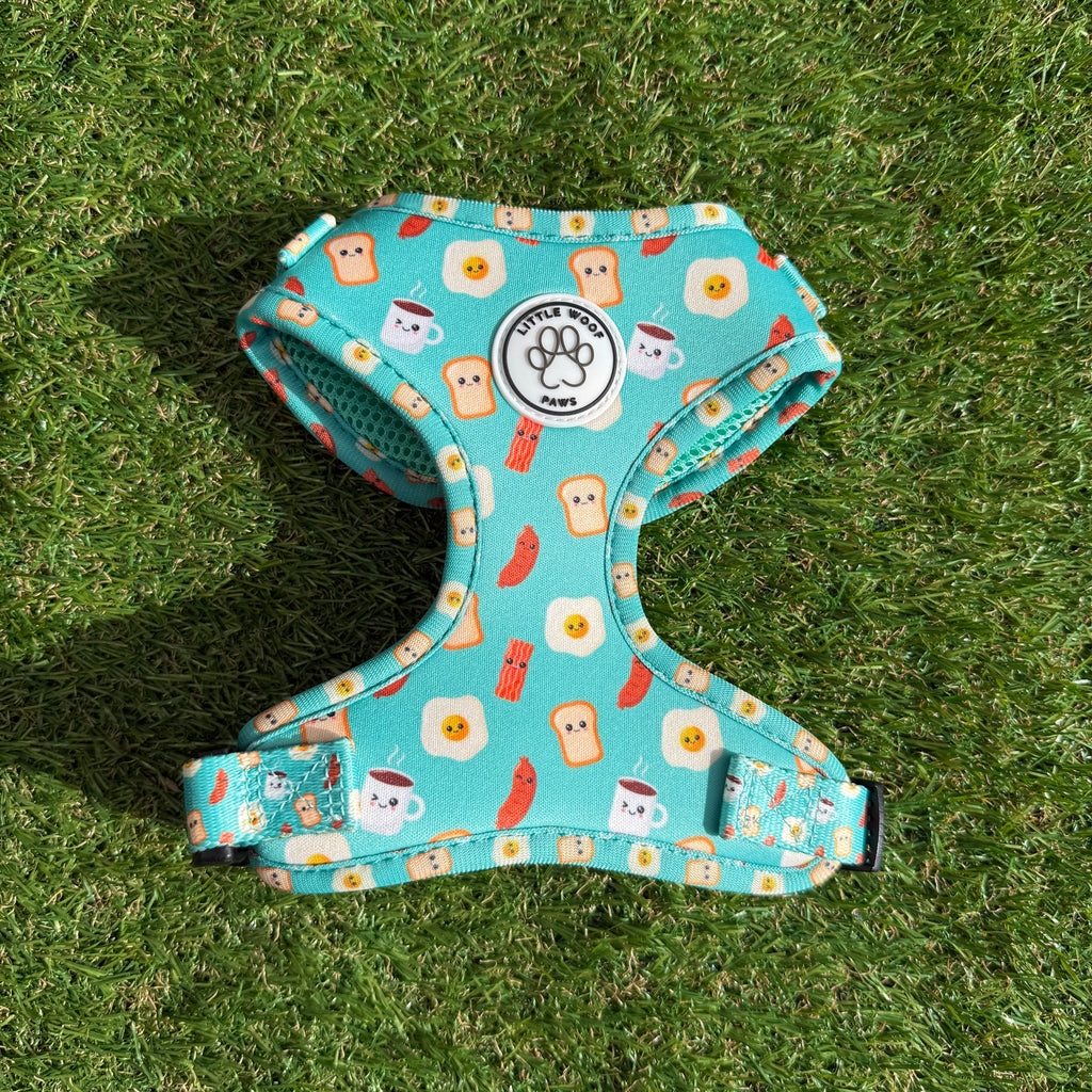 Blue/green dog harness with breakfast figures - Happy Breakfast